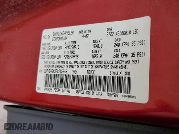 2007 Dodge Dakota SLT с VIN 1D7HE48K97S215043, выставлен на аукционе Copart как лот 59347535 с пробегом 211 768 миль миль и Списание • Salvage title. История ставок и продаж доступна на DreamBid. Изображение 12.