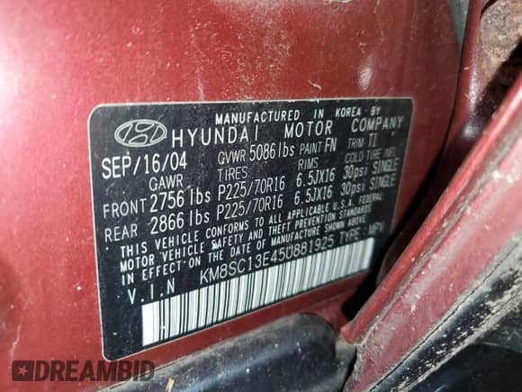 2005 Hyundai Santa Fe GLS z VIN KM8SC13E45U881925, wystawiony jako Copart lot #41465615 z przebiegiem 162 152 mil mil oraz Czysty tytuł • Clean title. Historia ofert i sprzedaży dostępna na DreamBid. Obrazek 13.