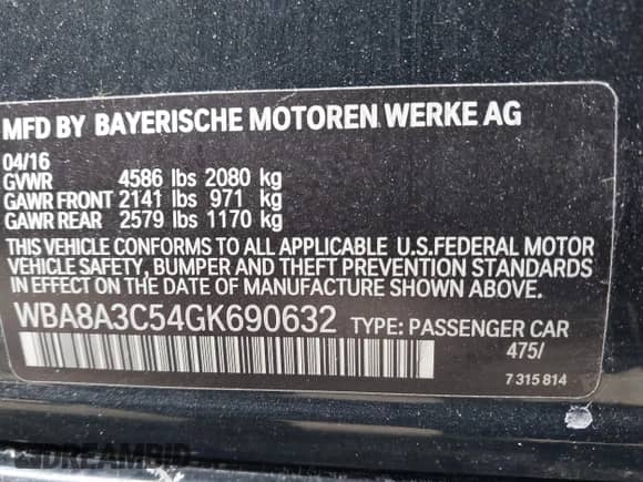 2016 BMW 3 Series 320i xDrive with VIN WBA8A3C54GK690632, listed as a IAAI auction lot 41637167 with 89,374 mi miles and . Bid and sale history available at DreamBid. Image 9.