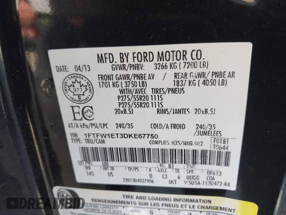 2013 Ford F-150 Lariat with VIN 1FTFW1ET3DKE67750, listed as a IAAI auction lot 43240995 with 159,269 mi miles and . Bid and sale history available at DreamBid. Image 9.