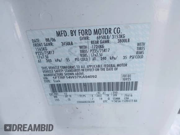 2007 Ford F-150 XL с VIN 1FTRF14W37KA94092, выставлен на аукционе IAAI как лот 41566632 с пробегом 263 211 миль миль и . История ставок и продаж доступна на DreamBid. Изображение 9.