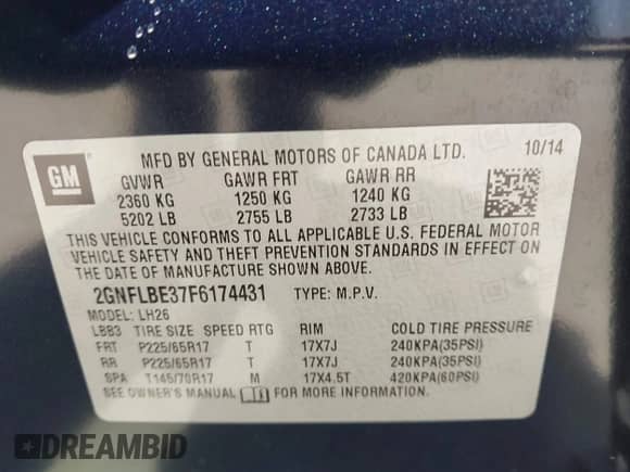 2015 Chevrolet Equinox LT с VIN 2GNFLBE37F6174431, выставлен на аукционе IAAI как лот 42847861 с пробегом 111 634 миль миль и . История ставок и продаж доступна на DreamBid. Изображение 9.