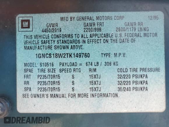 1996 Chevrolet Blazer LS с VIN 1GNCS18W2TK149760, выставлен на аукционе Copart как лот 70966534 с пробегом 306 307 миль миль и Списание • Salvage title. История ставок и продаж доступна на DreamBid. Изображение 13.