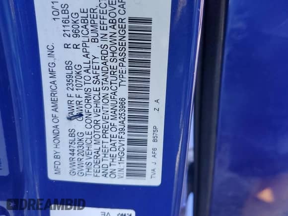 2018 Honda Accord Sport with VIN 1HGCV1F39JA253966, listed as a Copart auction lot 63016485 with 141,647 mi miles and Salvage title. Bid and sale history available at DreamBid. Image 12.