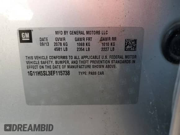 2014 Chevrolet Malibu LTZ with VIN 1G11H5SL3EF115738, listed as a Copart auction lot 69229905 with 223,701 mi miles and Clean title. Bid and sale history available at DreamBid. Image 12.