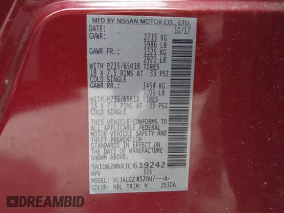 2018 Nissan Pathfinder S with VIN 5N1DR2MNXJC619242, listed as a IAAI auction lot 42436666 with 116,972 mi miles and . Bid and sale history available at DreamBid. Image 9.