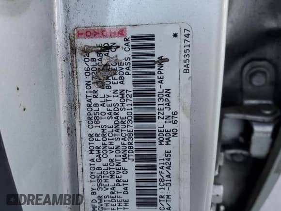 2003 Toyota Corolla CE с VIN JTDBR38E730011727, выставлен на аукционе Copart как лот 86859244 с пробегом Не указан миль и Списание • Salvage title. История ставок и продаж доступна на DreamBid. Изображение 13.