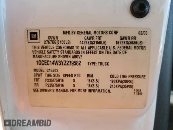 2000 Chevrolet Silverado 1500 LS с VIN 1GCEC14W3YZ279582, выставлен на аукционе Copart как лот 57668495 с пробегом 174 290 миль миль и Списание • Salvage title. История ставок и продаж доступна на DreamBid. Изображение 12.