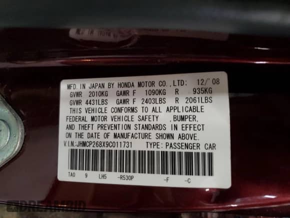 2009 Honda Accord EX-L z VIN JHMCP268X9C011731, wystawiony jako Copart lot #72396384 z przebiegiem 179 863 mil mil oraz Czysty tytuł • Clean title. Historia ofert i sprzedaży dostępna na DreamBid. Obrazek 12.