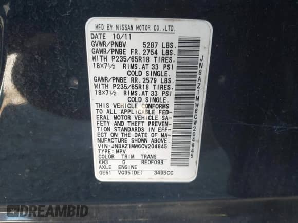 2012 Nissan Murano LE с VIN JN8AZ1MW6CW204645, выставлен на аукционе IAAI как лот 43344365 с пробегом 239 808 миль миль и . История ставок и продаж доступна на DreamBid. Изображение 9.