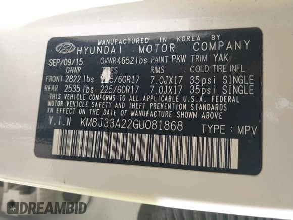 2016 Hyundai Tucson Sport with VIN KM8J33A22GU081868, listed as a IAAI auction lot 41924692 with 123,360 mi miles and . Bid and sale history available at DreamBid. Image 9.