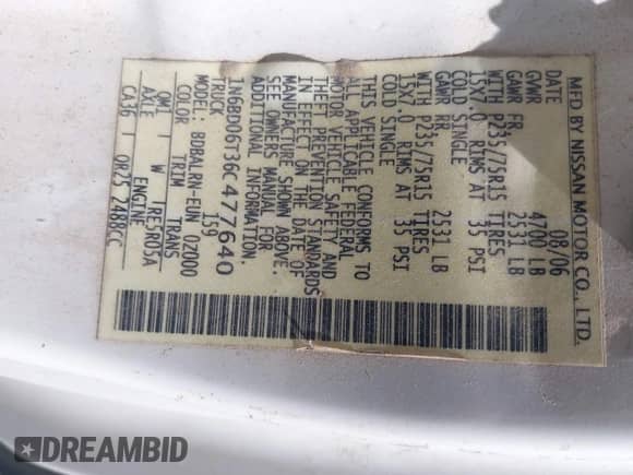 2006 Nissan Frontier XE with VIN 1N6BD06T36C477640, listed as a IAAI auction lot 42851230 with 147,193 mi miles and . Bid and sale history available at DreamBid. Image 9.