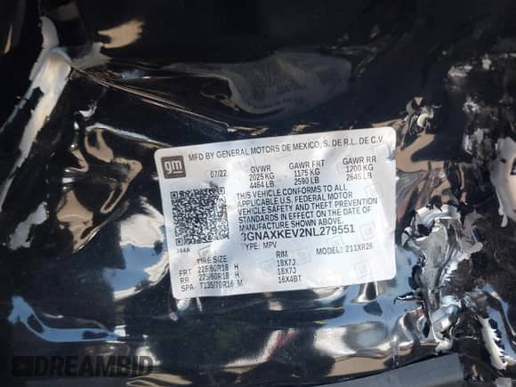 2022 Chevrolet Equinox LT с VIN 3GNAXKEV2NL279551, выставлен на аукционе IAAI как лот 42851492 с пробегом 53 955 миль миль и . История ставок и продаж доступна на DreamBid. Изображение 9.