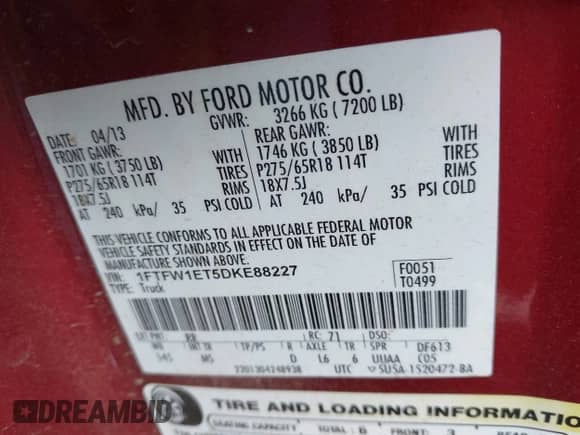 2013 Ford F-150 Lariat with VIN 1FTFW1ET5DKE88227, listed as a IAAI auction lot 43330750 with 140,077 mi miles and . Bid and sale history available at DreamBid. Image 9.