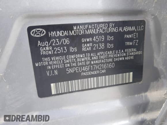 2007 Hyundai Sonata SE z VIN 5NPEU46F17H216160, wystawiony jako IAAI lot #42984765 z przebiegiem 117 304 mil mil oraz . Historia ofert i sprzedaży dostępna na DreamBid. Obrazek 9.