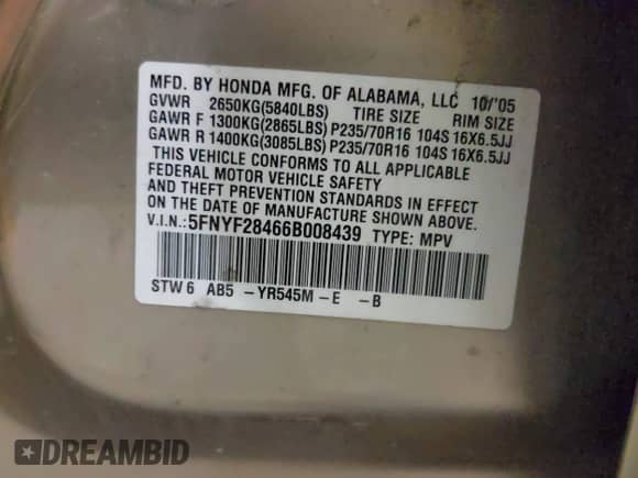 2006 Honda Pilot EX z VIN 5FNYF28466B008439, wystawiony jako IAAI lot #43479400 z przebiegiem 253 015 mil mil oraz . Historia ofert i sprzedaży dostępna na DreamBid. Obrazek 9.