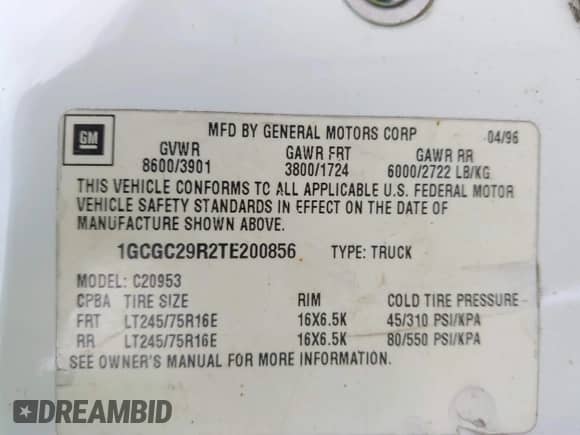 1996 Chevrolet Silverado 2500 с VIN 1GCGC29R2TE200856, выставлен на аукционе IAAI как лот 42471785 с пробегом 288 758 миль миль и . История ставок и продаж доступна на DreamBid. Изображение 9.