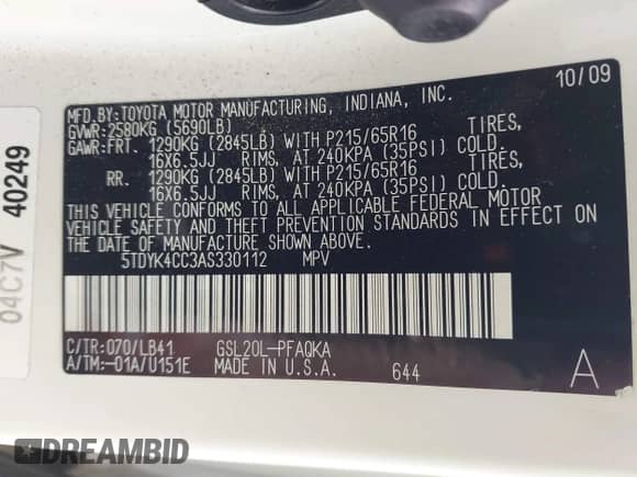 2010 Toyota Sienna XLE с VIN 5TDYK4CC3AS330112, выставлен на аукционе IAAI как лот 43295737 с пробегом 229 430 миль миль и . История ставок и продаж доступна на DreamBid. Изображение 9.