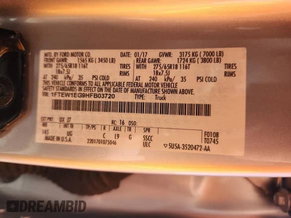 2017 Ford F-150 XL z VIN 1FTEW1EG9HFB03720, wystawiony jako Copart lot #70107405 z przebiegiem 108 936 mil mil oraz Szkoda całkowita • Salvage title. Historia ofert i sprzedaży dostępna na DreamBid. Obrazek 12.