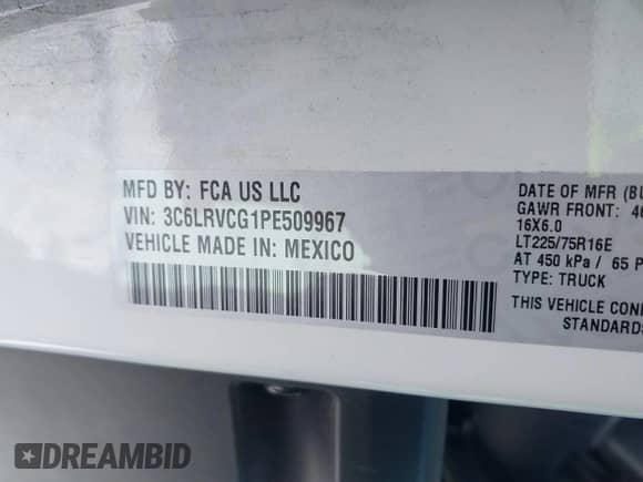 2023 Ram ProMaster Cargo с VIN 3C6LRVCG1PE509967, выставлен на аукционе IAAI как лот 41794943 с пробегом Не указан миль и . История ставок и продаж доступна на DreamBid. Изображение 9.