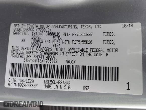 2019 Toyota Tundra SR5 z VIN 5TFAY5F16KX795902, wystawiony jako IAAI lot #42059337 z przebiegiem 120 618 mil mil oraz . Historia ofert i sprzedaży dostępna na DreamBid. Obrazek 9.