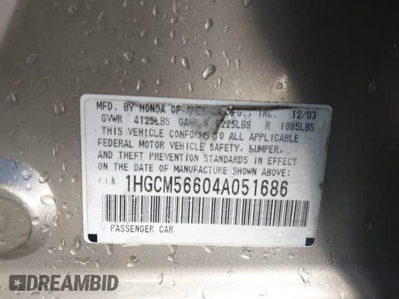 2004 Honda Accord EX with VIN 1HGCM56604A051686, listed as a IAAI auction lot 43369949 with 229,405 mi miles and . Bid and sale history available at DreamBid. Image 9.