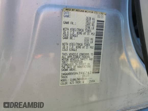 2015 Nissan Frontier SV with VIN 1N6AD0EV5FN746742, listed as a Copart auction lot 56076845 with Not provided miles and Salvage title. Bid and sale history available at DreamBid. Image 12.