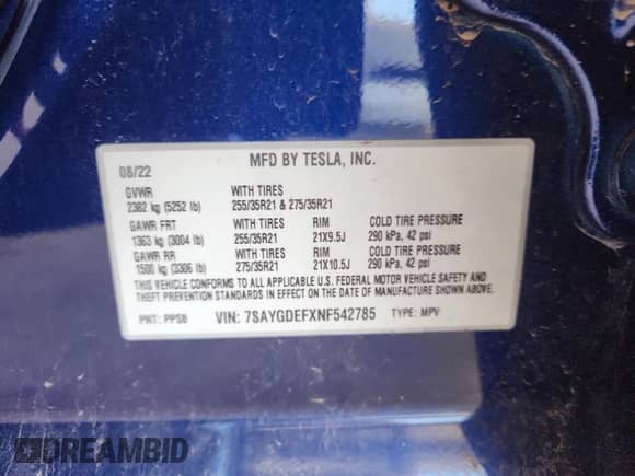 2022 Tesla Model Y Performance with VIN 7SAYGDEFXNF542785, listed as a Copart auction lot 81153785 with 53,108 mi miles and Salvage title. Bid and sale history available at DreamBid. Image 12.