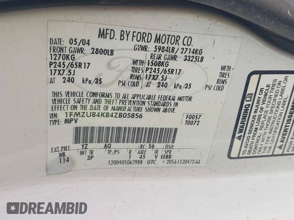 2004 Ford Explorer with VIN 1FMZU84K84ZB05856, listed as a IAAI auction lot 42557804 with 145,464 mi miles and . Bid and sale history available at DreamBid. Image 9.