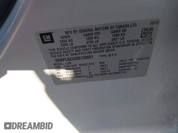 2013 Chevrolet Equinox LTZ with VIN 2GNFLGE33D6130551, listed as a IAAI auction lot 42975940 with 126,099 mi miles and . Bid and sale history available at DreamBid. Image 9.