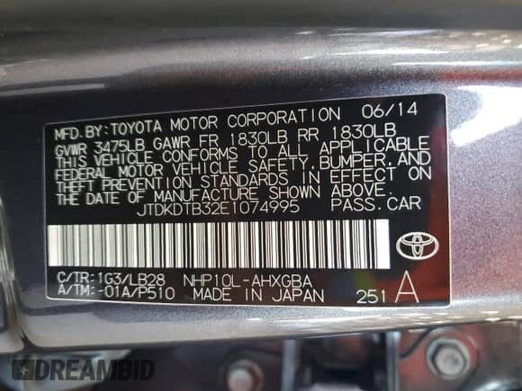 2014 Toyota Prius One z VIN JTDKDTB32E1074995, wystawiony jako Copart lot #69128805 z przebiegiem 110 156 mil mil oraz Szkoda całkowita • Salvage title. Historia ofert i sprzedaży dostępna na DreamBid. Obrazek 12.