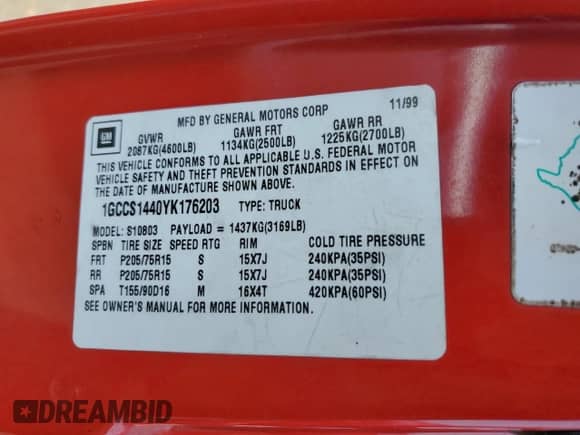 2000 Chevrolet S-10 с VIN 1GCCS1440YK176203, выставлен на аукционе Copart как лот 61402975 с пробегом 56 922 миль миль и Списание • Salvage title. История ставок и продаж доступна на DreamBid. Изображение 12.