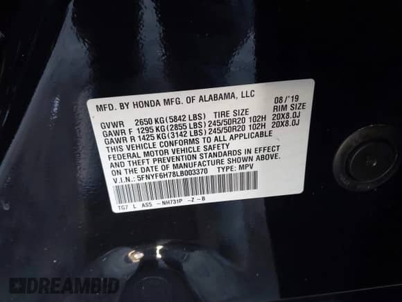 2020 Honda Pilot Black Edition z VIN 5FNYF6H78LB003370, wystawiony jako IAAI lot #41460608 z przebiegiem 87 244 mil mil oraz . Historia ofert i sprzedaży dostępna na DreamBid. Obrazek 9.