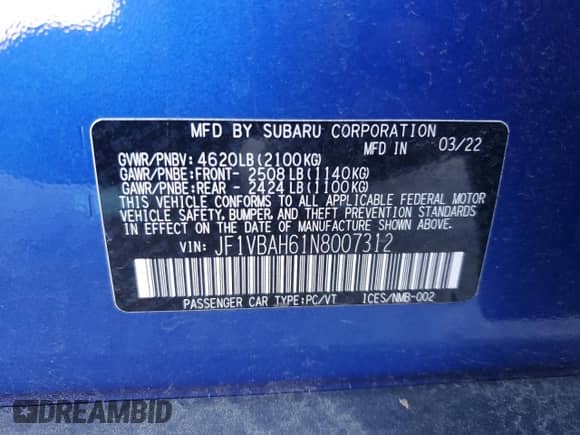 2022 Subaru WRX Premium с VIN JF1VBAH61N8007312, выставлен на аукционе Copart как лот 89149885 с пробегом 38 594 миль миль и Списание • Salvage title. История ставок и продаж доступна на DreamBid. Изображение 12.