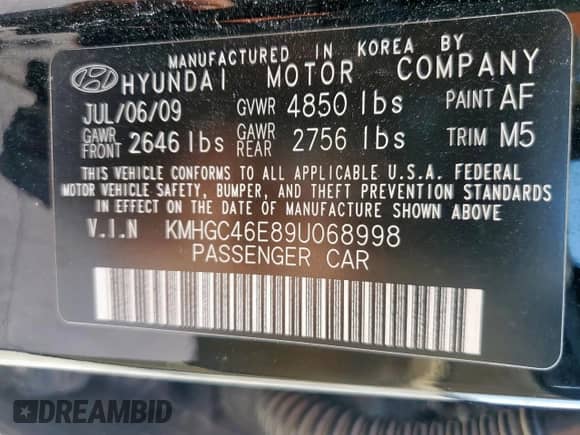 2009 Hyundai Genesis with VIN KMHGC46E89U068998, listed as a Copart auction lot 81590315 with 201,337 mi miles and Salvage title. Bid and sale history available at DreamBid. Image 12.