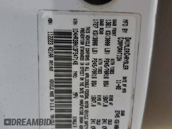 2003 Dodge Durango Sport with VIN 1D4HR38N13F547146, listed as a Copart auction lot 66914975 with 163,179 mi miles and Salvage title. Bid and sale history available at DreamBid. Image 13.