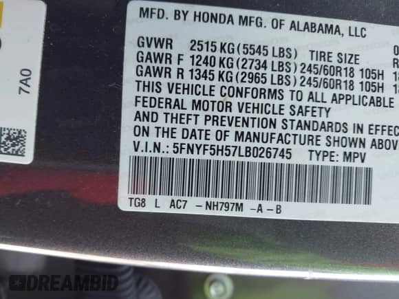 2020 Honda Pilot EX-L with VIN 5FNYF5H57LB026745, listed as a IAAI auction lot 41790750 with Not provided miles and . Bid and sale history available at DreamBid. Image 9.