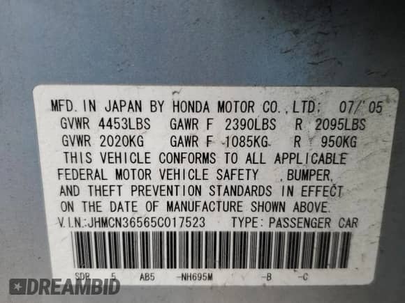 2005 Honda Accord with VIN JHMCN36565C017523, listed as a Copart auction lot 51471615 with 222,167 mi miles and Salvage title. Bid and sale history available at DreamBid. Image 14.