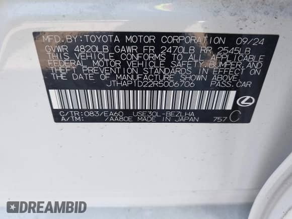 2024 Lexus IS 500 F Sport Performance z VIN JTHAP1D22R5006706, wystawiony jako IAAI lot #42397037 z przebiegiem 1 317 mil mil oraz . Historia ofert i sprzedaży dostępna na DreamBid. Obrazek 9.