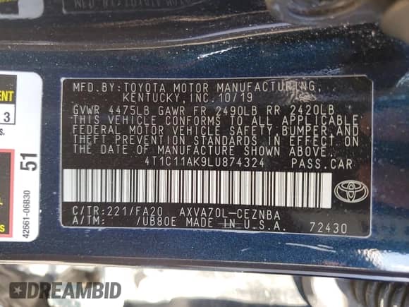 2020 Toyota Camry LE z VIN 4T1C11AK9LU874324, wystawiony jako Copart lot #80186235 z przebiegiem 154 948 mil mil oraz Nie do naprawy • Non repairable. Historia ofert i sprzedaży dostępna na DreamBid. Obrazek 12.