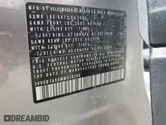 2021 Volkswagen Tiguan S с VIN 3VV0B7AX6MM078396, выставлен на аукционе Copart как лот 49832615 с пробегом 67 120 миль миль и Списание • Salvage title. История ставок и продаж доступна на DreamBid. Изображение 13.