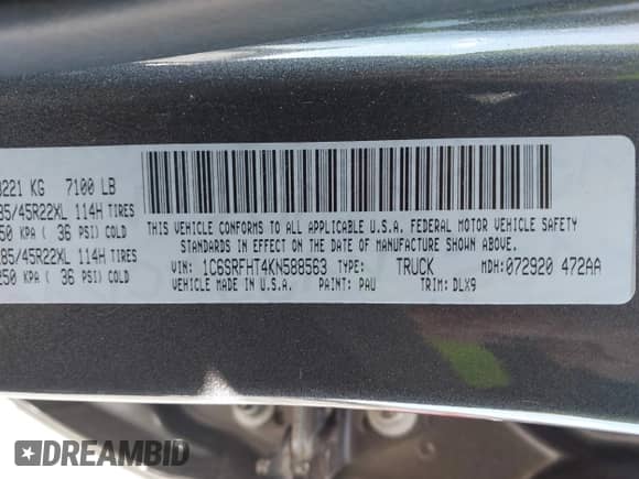 2019 Ram 1500 Limited z VIN 1C6SRFHT4KN588563, wystawiony jako IAAI lot #43503144 z przebiegiem 54 603 mil mil oraz . Historia ofert i sprzedaży dostępna na DreamBid. Obrazek 9.