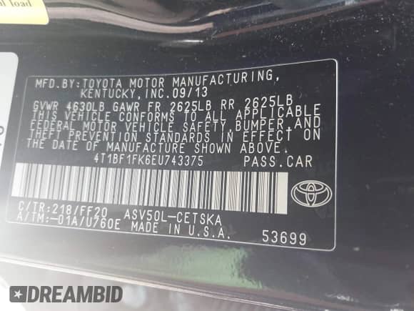 2014 Toyota Camry L with VIN 4T1BF1FK6EU743375, listed as a IAAI auction lot 43001269 with 290,205 mi miles and . Bid and sale history available at DreamBid. Image 9.