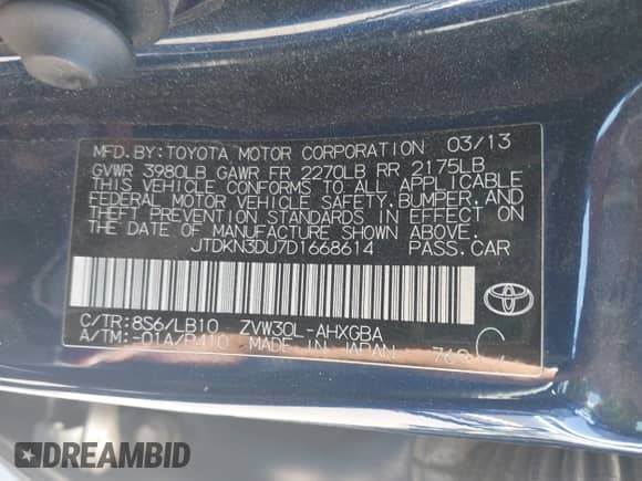 2013 Toyota Prius One z VIN JTDKN3DU7D1668614, wystawiony jako IAAI lot #42843625 z przebiegiem 237 979 mil mil oraz . Historia ofert i sprzedaży dostępna na DreamBid. Obrazek 9.