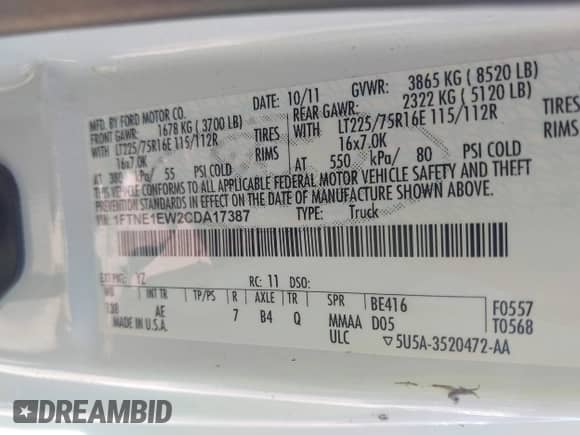 2012 Ford Econoline Cargo Commercial with VIN 1FTNE1EW2CDA17387, listed as a IAAI auction lot 43332096 with 166,180 mi miles and . Bid and sale history available at DreamBid. Image 9.