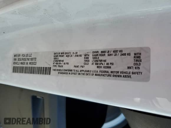 2022 Ram ProMaster Cargo z VIN 3C6LRVDG7NE100772, wystawiony jako Copart lot #83065184 z przebiegiem 18 966 mil mil oraz Szkoda całkowita • Salvage title. Historia ofert i sprzedaży dostępna na DreamBid. Obrazek 13.