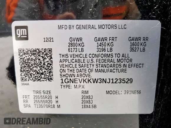 2022 Chevrolet Traverse Premier with VIN 1GNEVKKW3NJ123529, listed as a Copart auction lot 57111385 with 48,158 mi miles and Clean title. Bid and sale history available at DreamBid. Image 14.