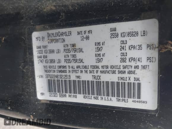 2001 Dodge Dakota Sport z VIN 1B7GG22N81S212519, wystawiony jako IAAI lot #43557080 z przebiegiem 150 028 mil mil oraz . Historia ofert i sprzedaży dostępna na DreamBid. Obrazek 9.