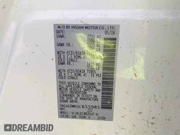 2016 Nissan Pathfinder Platinum with VIN 5N1AR2MM1GC655985, listed as a IAAI auction lot 42721640 with 175,902 mi miles and . Bid and sale history available at DreamBid. Image 9.