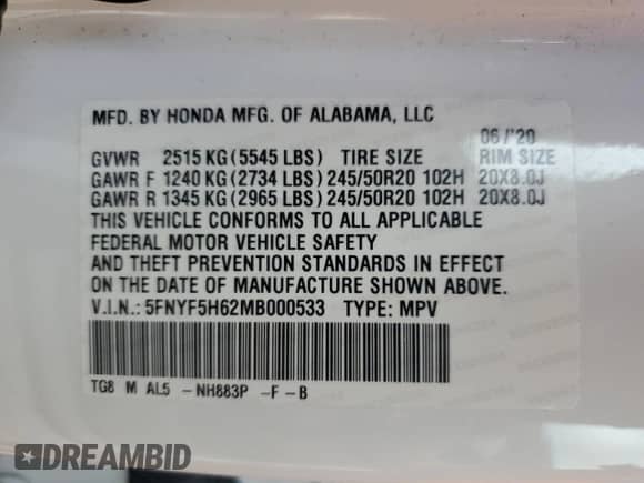 2021 Honda Pilot Touring 7-Passenger с VIN 5FNYF5H62MB000533, выставлен на аукционе Copart как лот 62495105 с пробегом 41 134 миль миль и Списание • Salvage title. История ставок и продаж доступна на DreamBid. Изображение 13.